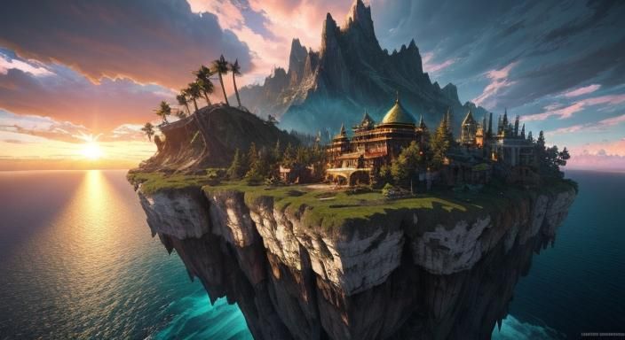 Floating Paradise Island at Sunset, Digital Art