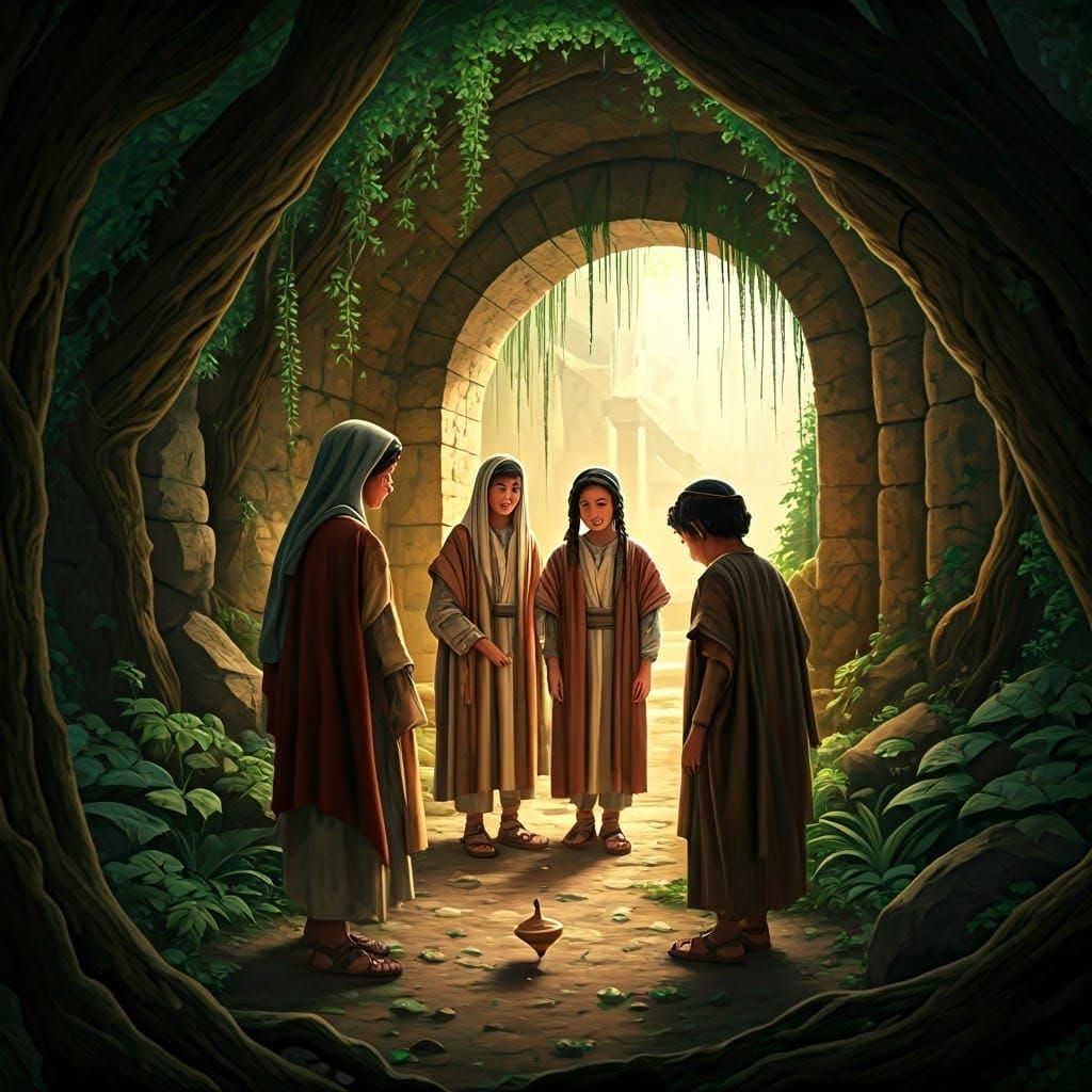 Ancient Jewish Youth Gather at Cave Entrance, Watching Mysti...