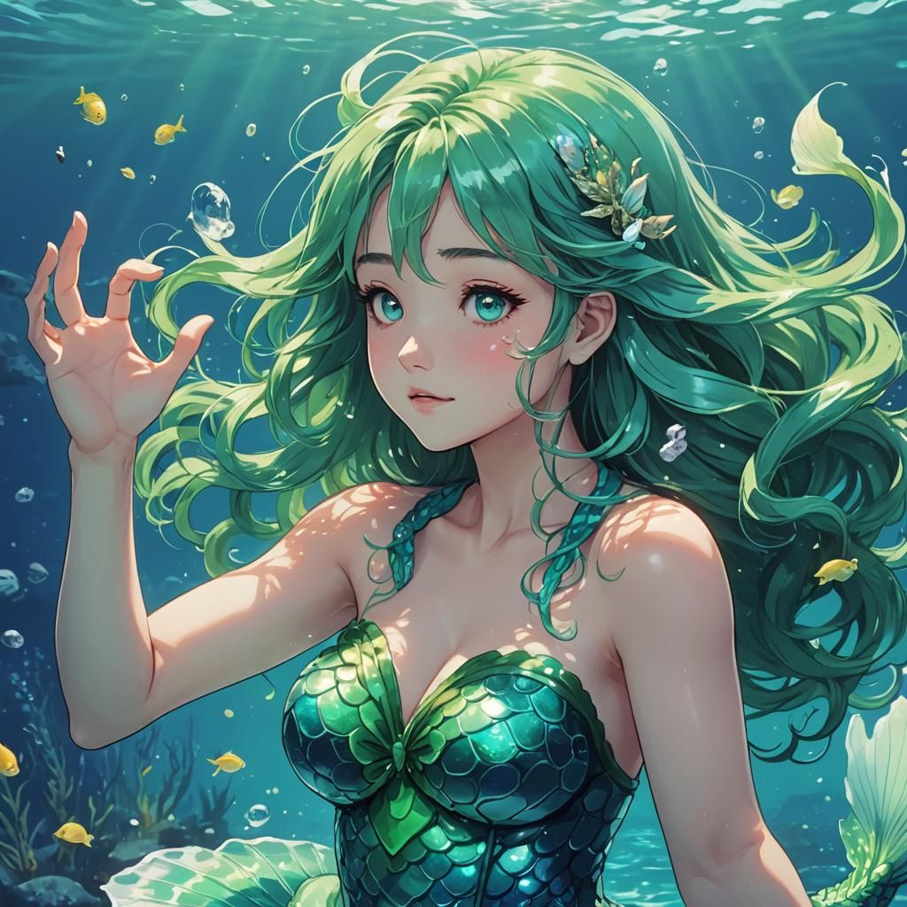 Aqua Mermaid Kisses in Cel-Shaded Anime Style