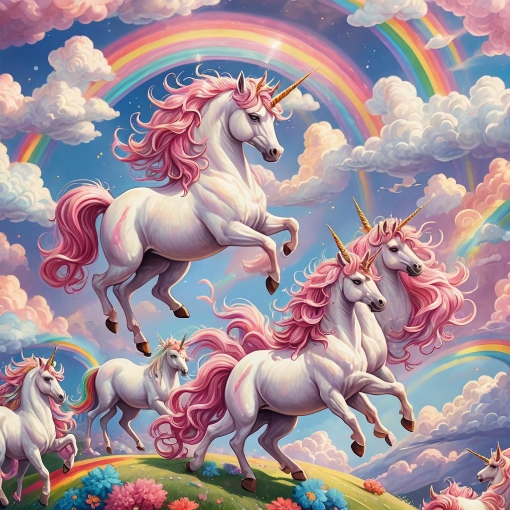 Pink Unicorns Dancing Over Rainbows in Colored Pencil Style