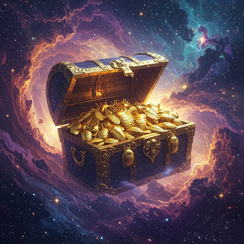 A majestic treasure chest full of golden scarabs