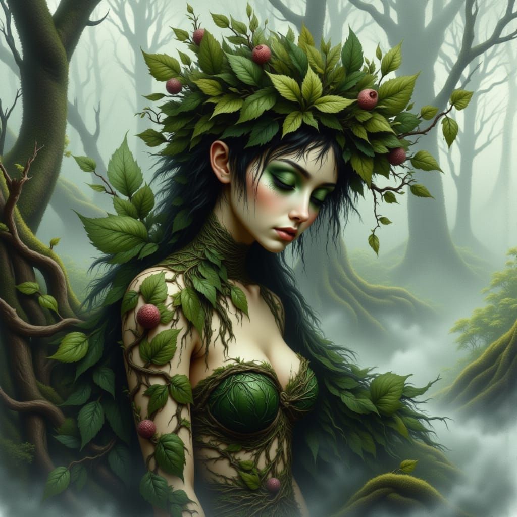 Melancholic Dryad in Misty Forest Watercolor Style