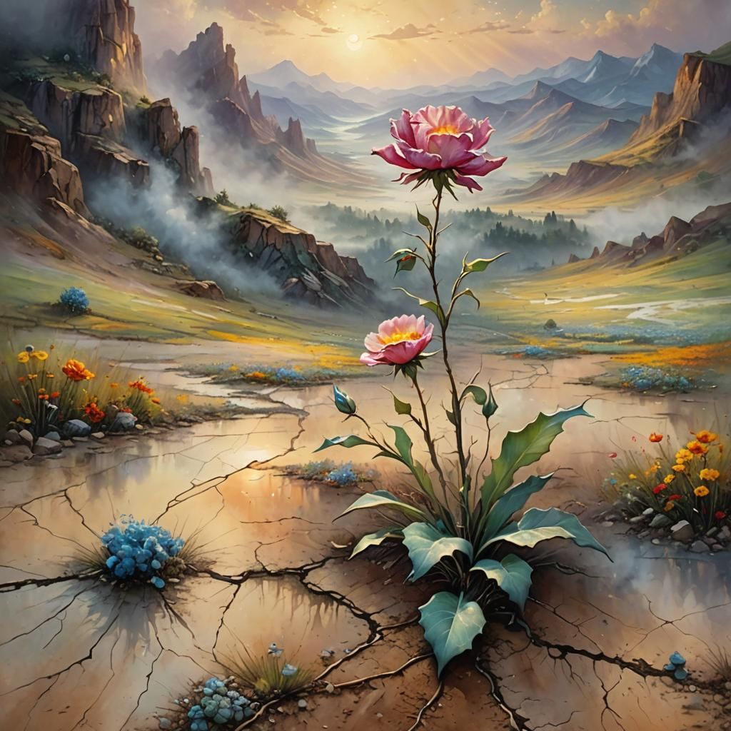 Single Flower Blooms in Surreal Desert Landscape