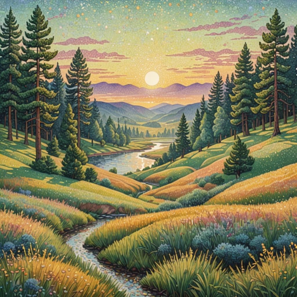 Pointillist Meadow with Winding River at Sunset
