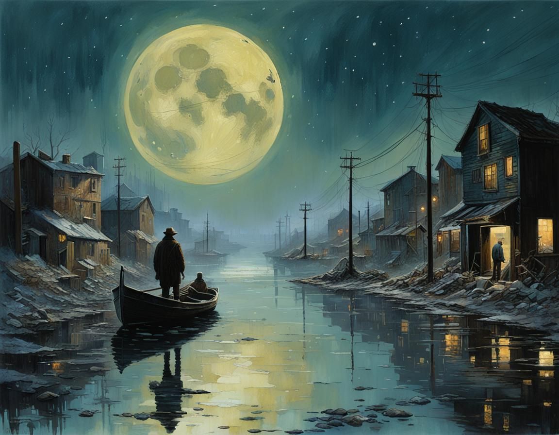 Eerie Moonlit Ferryman in Liminal Wasteland: Matte Painting