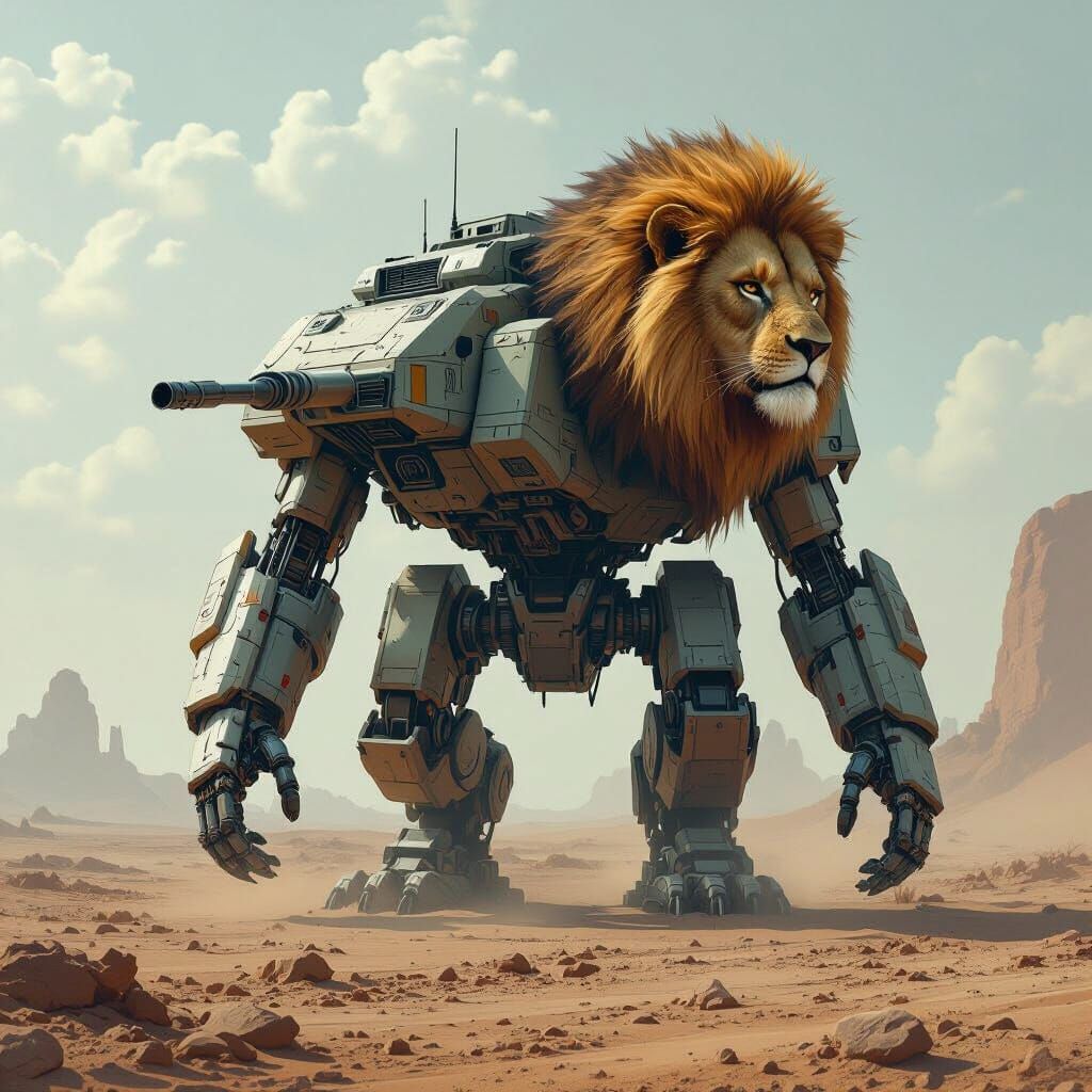 Cyberpunk Lion Transforming into a Tank