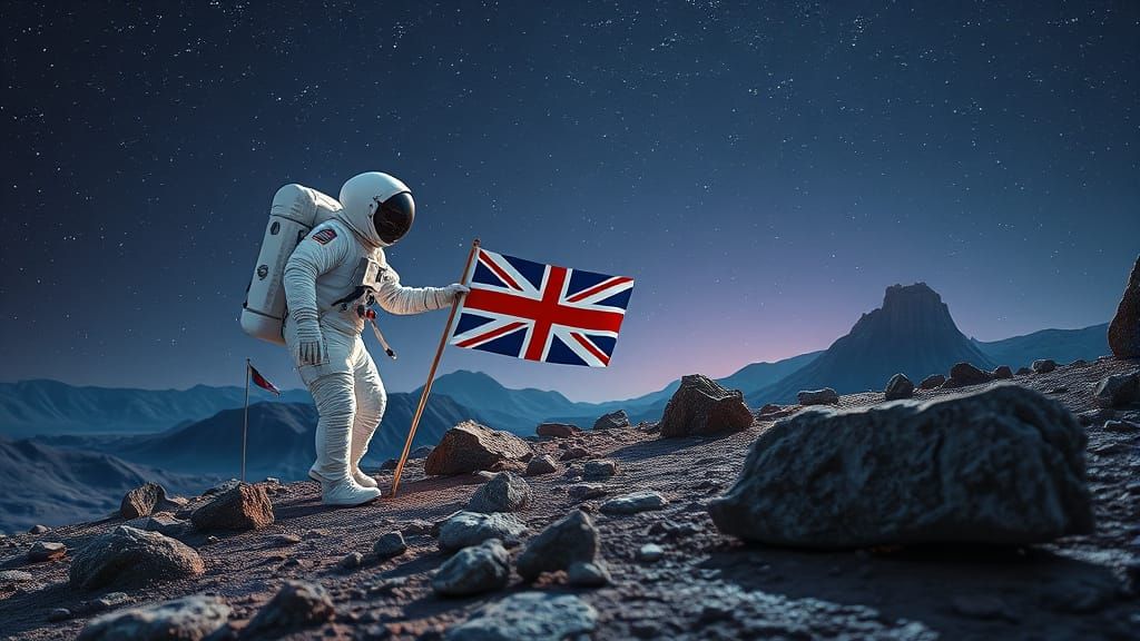 Astronaut Plants British Flag on Futuristic Alien World
