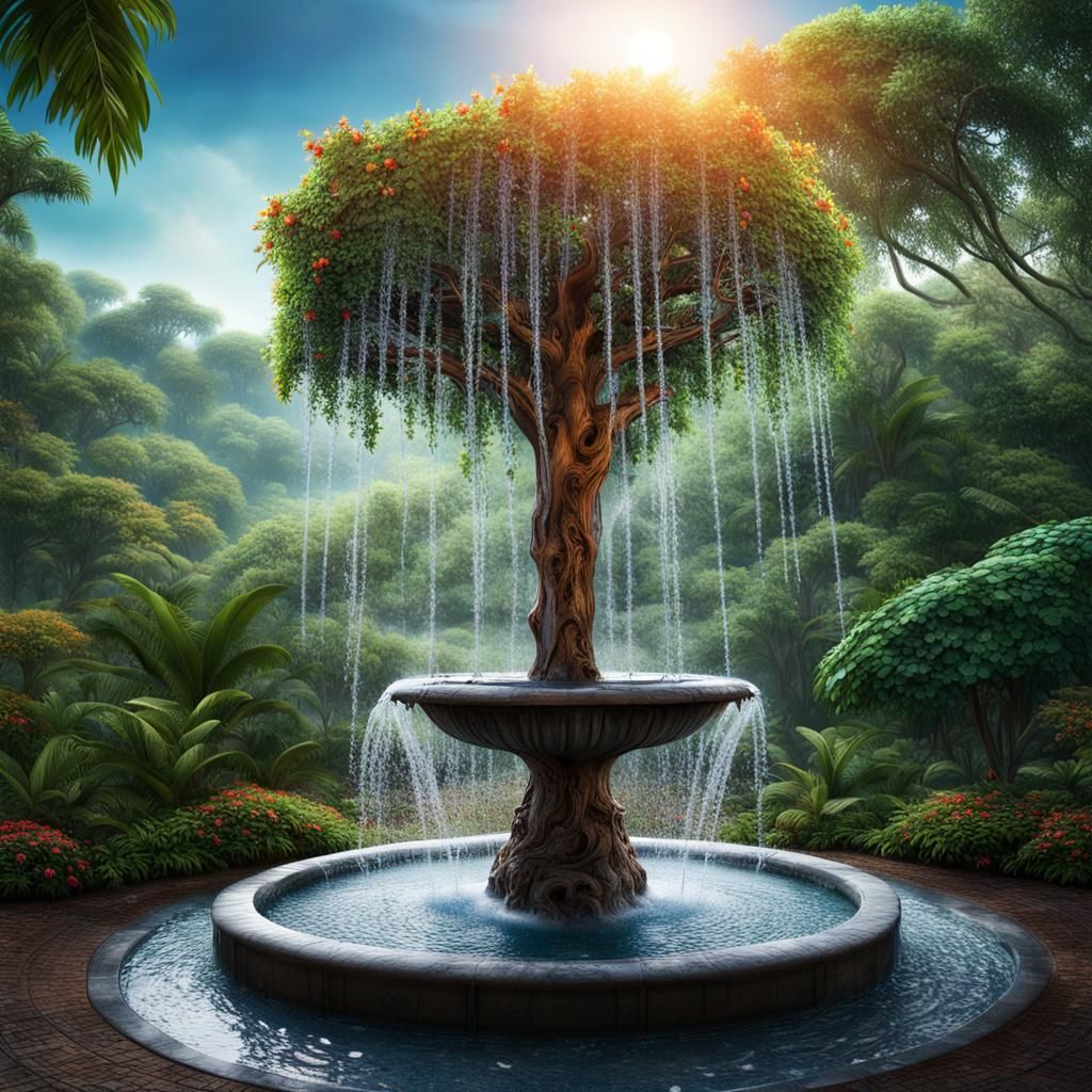Colorful Jungle Water Fountain in Hyperrealistic Style