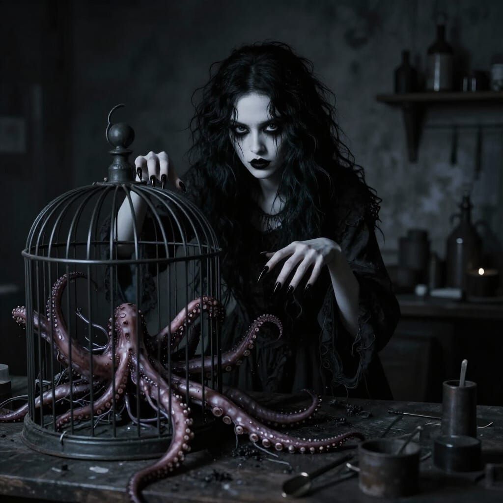 Surreal Dark Image of Woman With Tentacle Cage