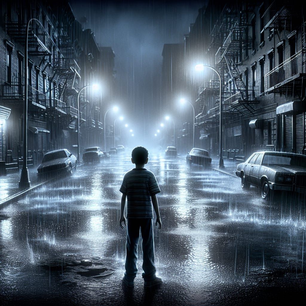 Frightened Boy Alone in Rainy Bronx Street