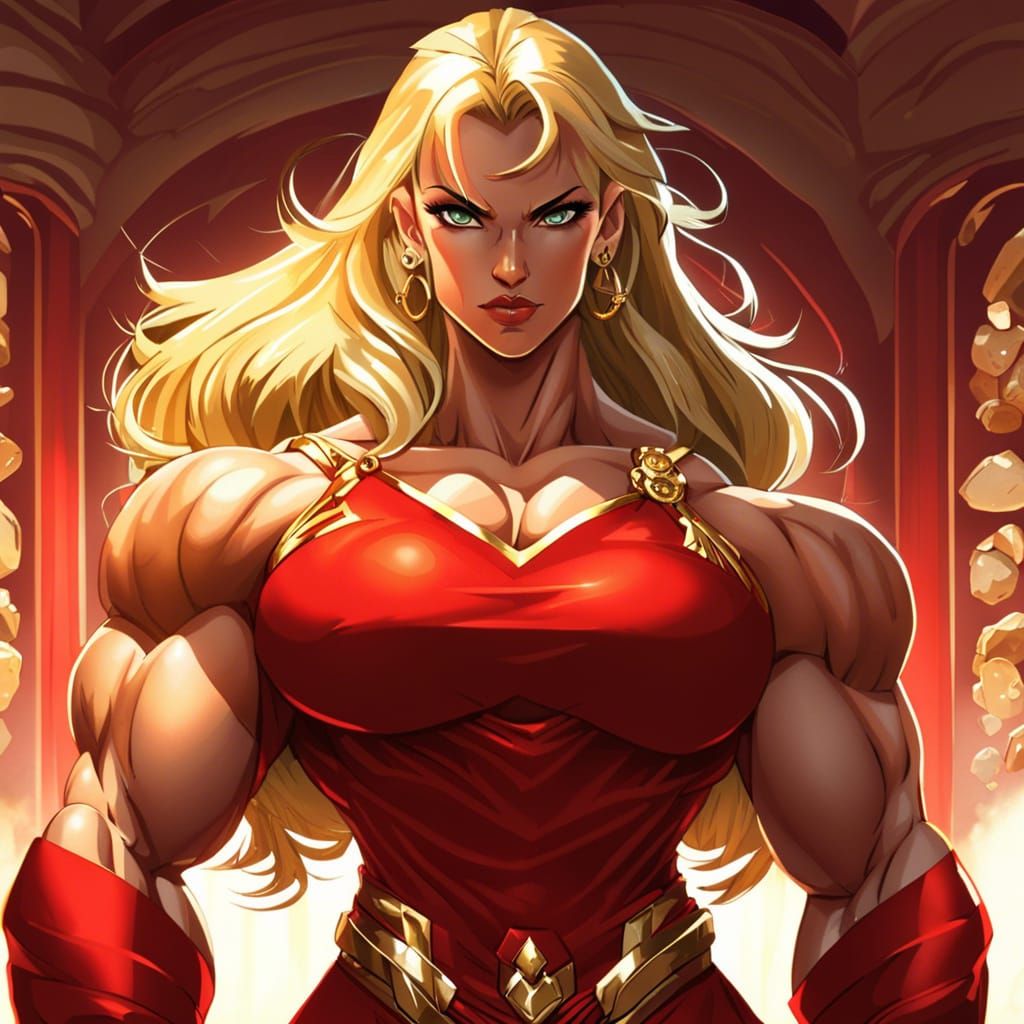 A muscular blonde female in satin red dress. She has green e...