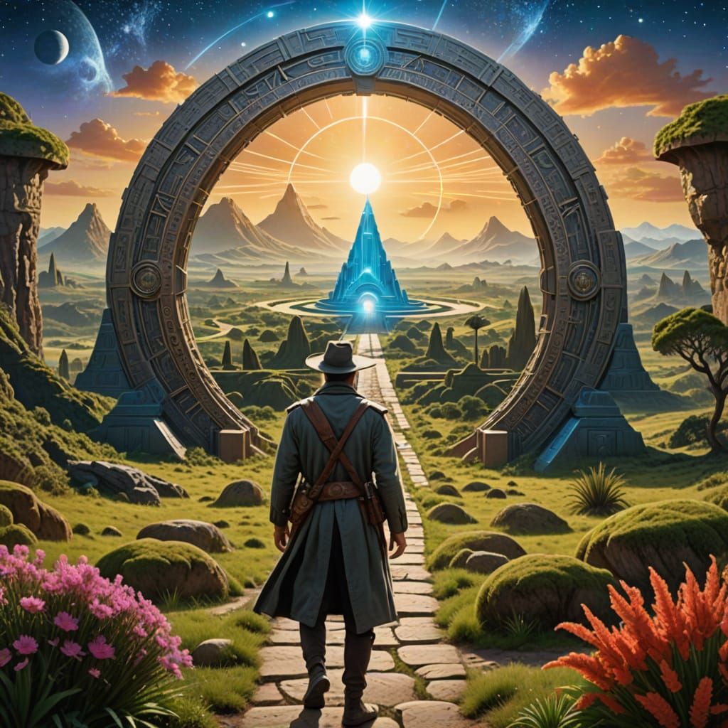 Ethereal Time Traveler in a Celestial Realm