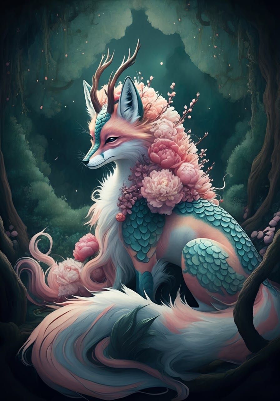 Majestic Fox with Floral Mane in a Dreamlike Moonlit Garden