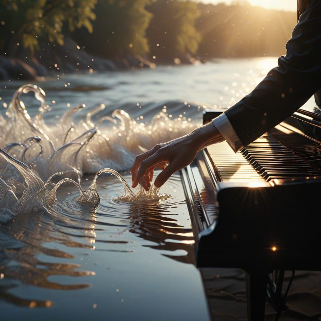 Pianist Plays Liquid Water Piano in Golden Hour Light