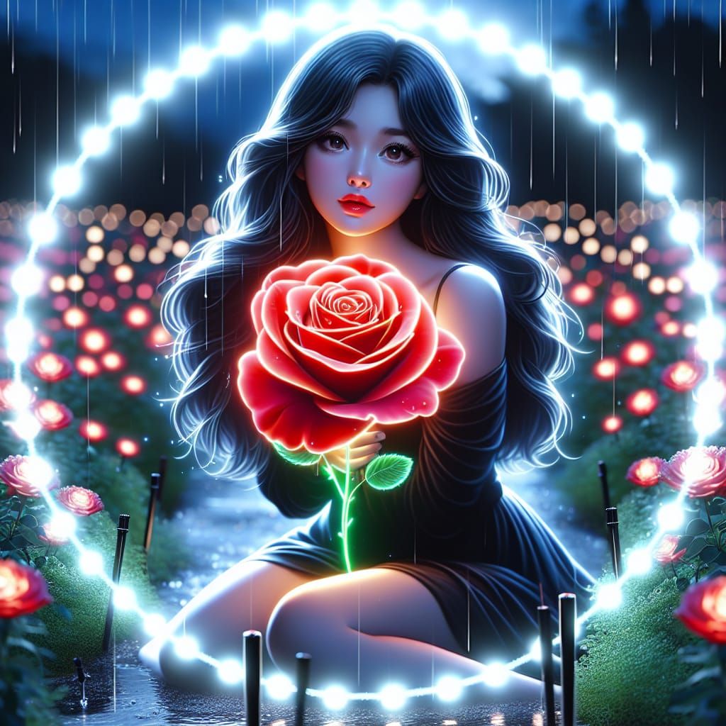 Girl with Rose in Rainy Night Garden