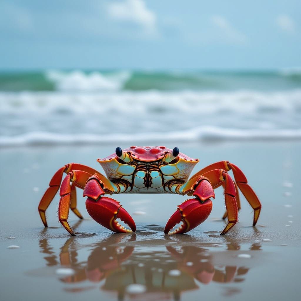 Majestic Red Crab on Wet Beach, Hyperrealistic Style