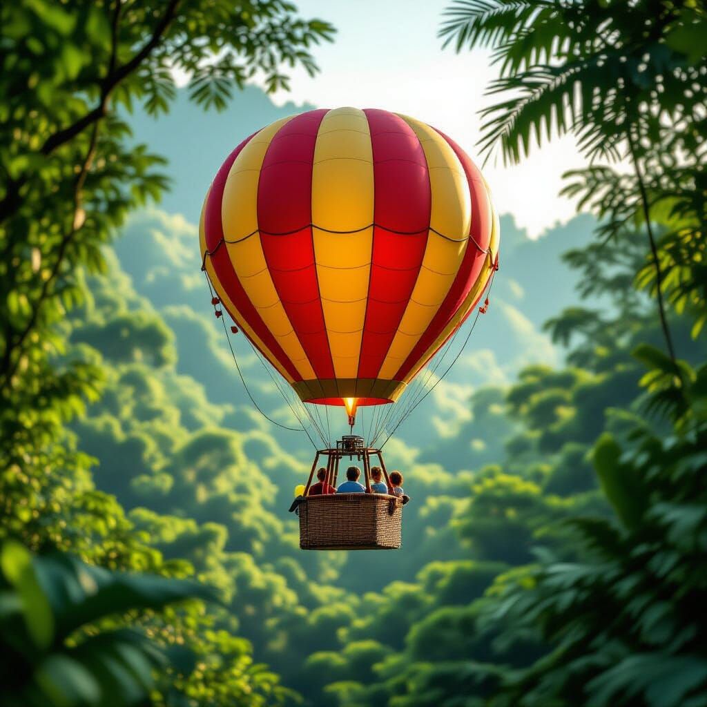 Boy on Hot Air Balloon Over Whimsical Jungle Canopy