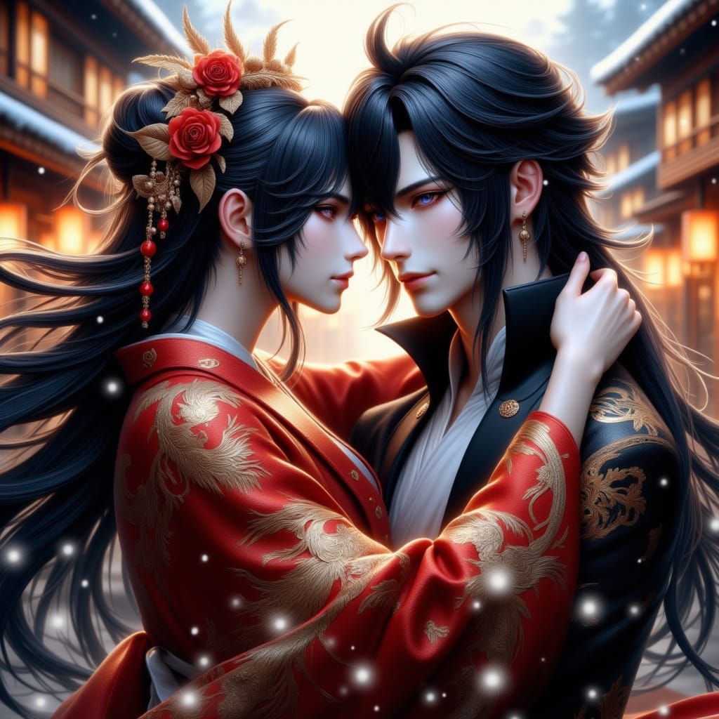 Geisha and Ninja Sharing a Hidden Kiss in Snowy Town