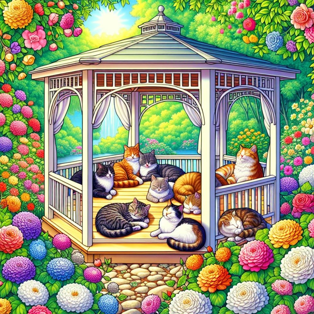 Cats in a Vibrant Floral Gazebo Scene