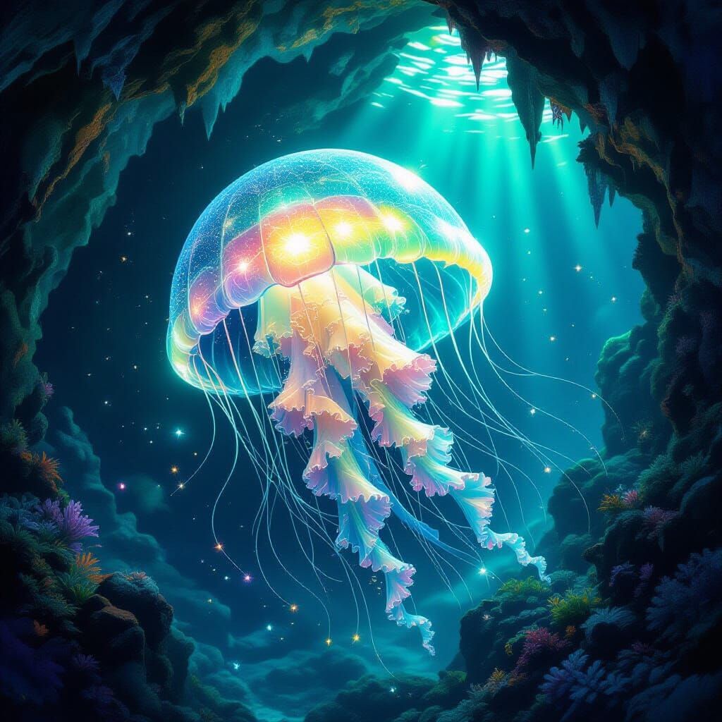 Bioluminescent Jellyfish Drifting Through Crystalline Cave