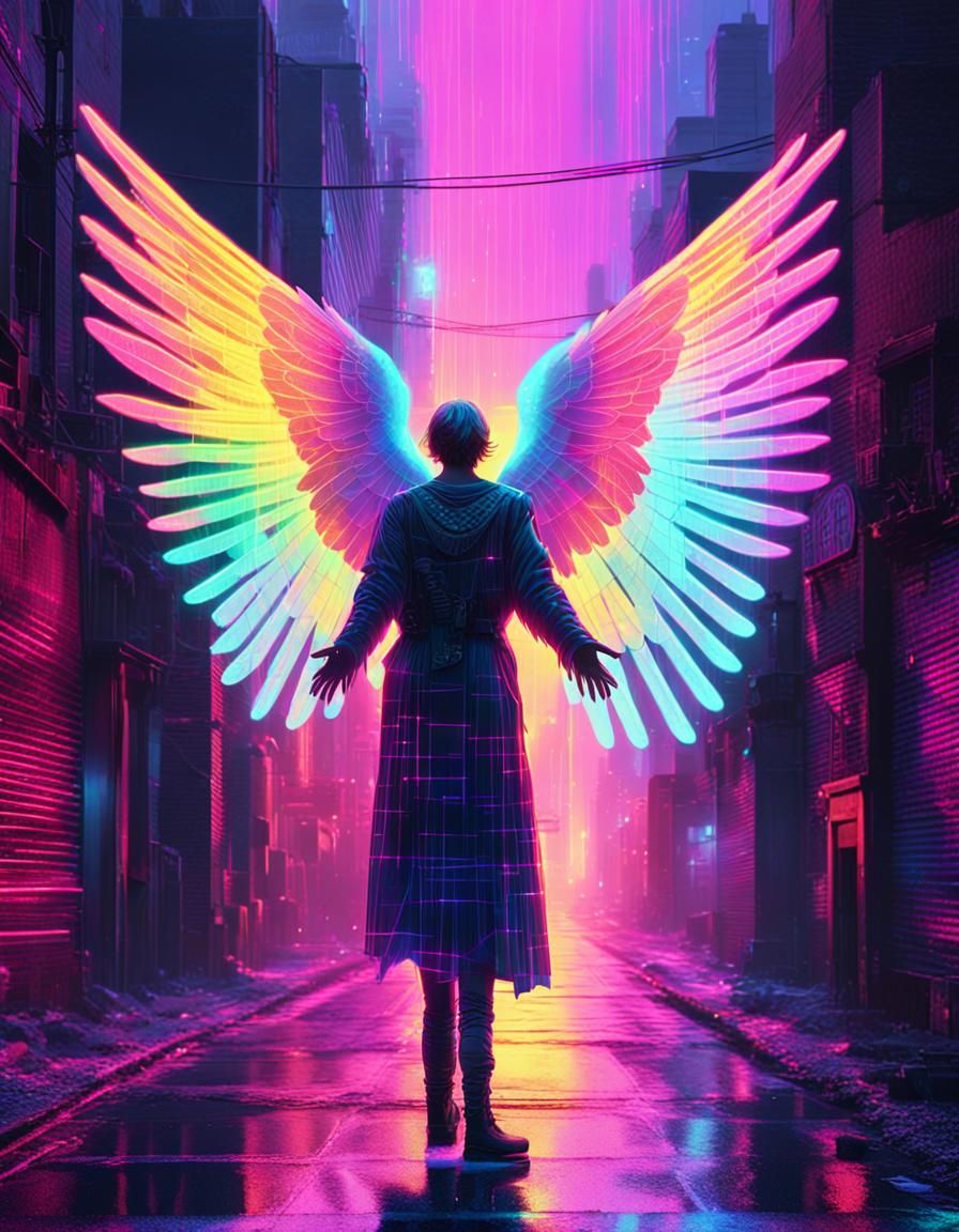 Neon Angel in a Smoky Alleyway, Holographic Digital Art