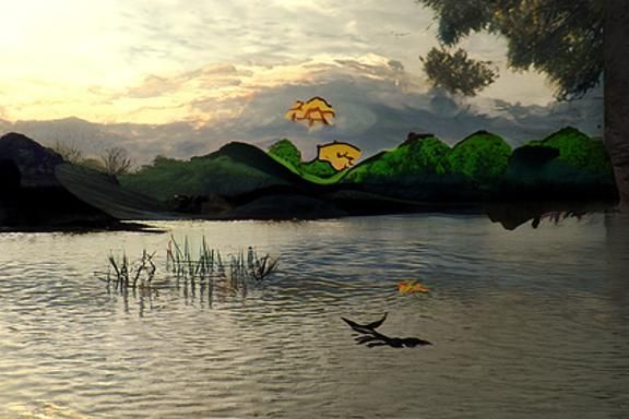Sunset Lake Scene in Storybook Illustration Style