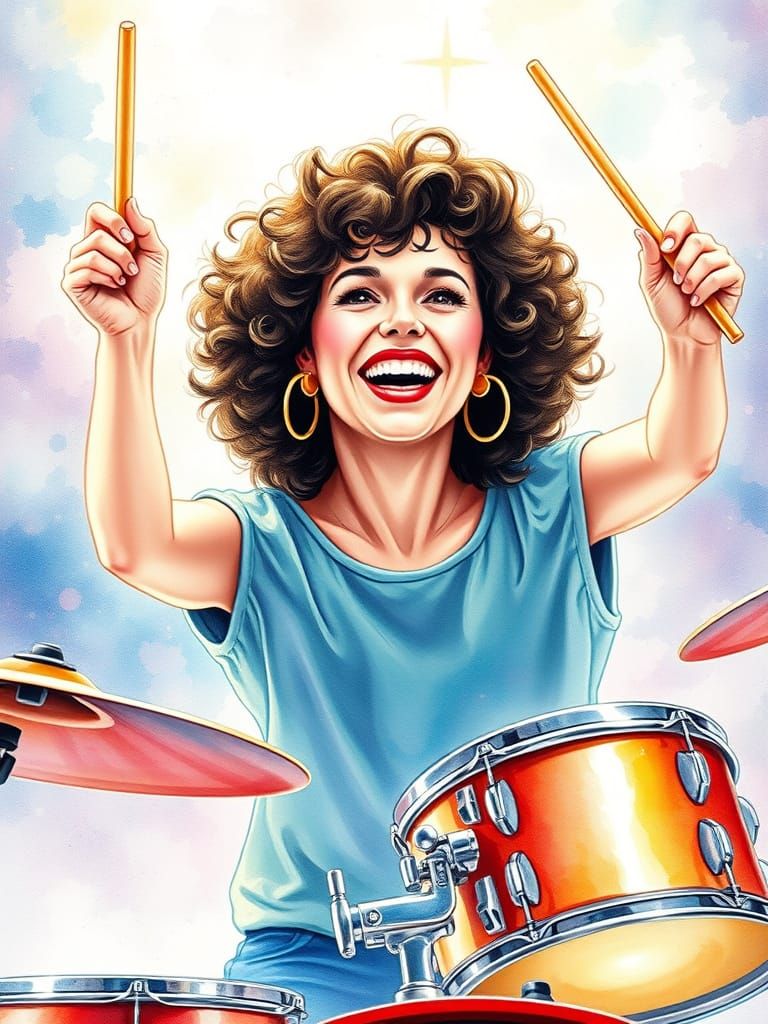 Karen Carpenter Plays Drums in Vibrant Pop Art Scene