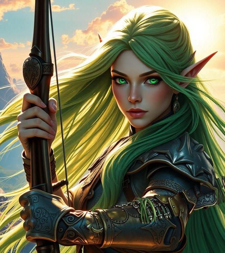 Elven Ranger with Green Hair in Acrylic Art