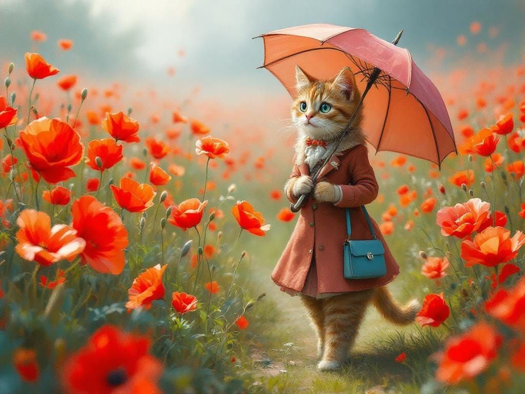 Anthropomorphic Cat in Poppies, Impressionistic Digital Art