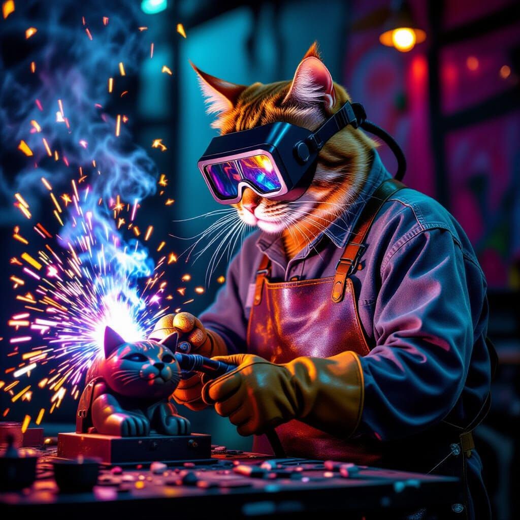 Ginger Cat Welder Crafts Metal Statue