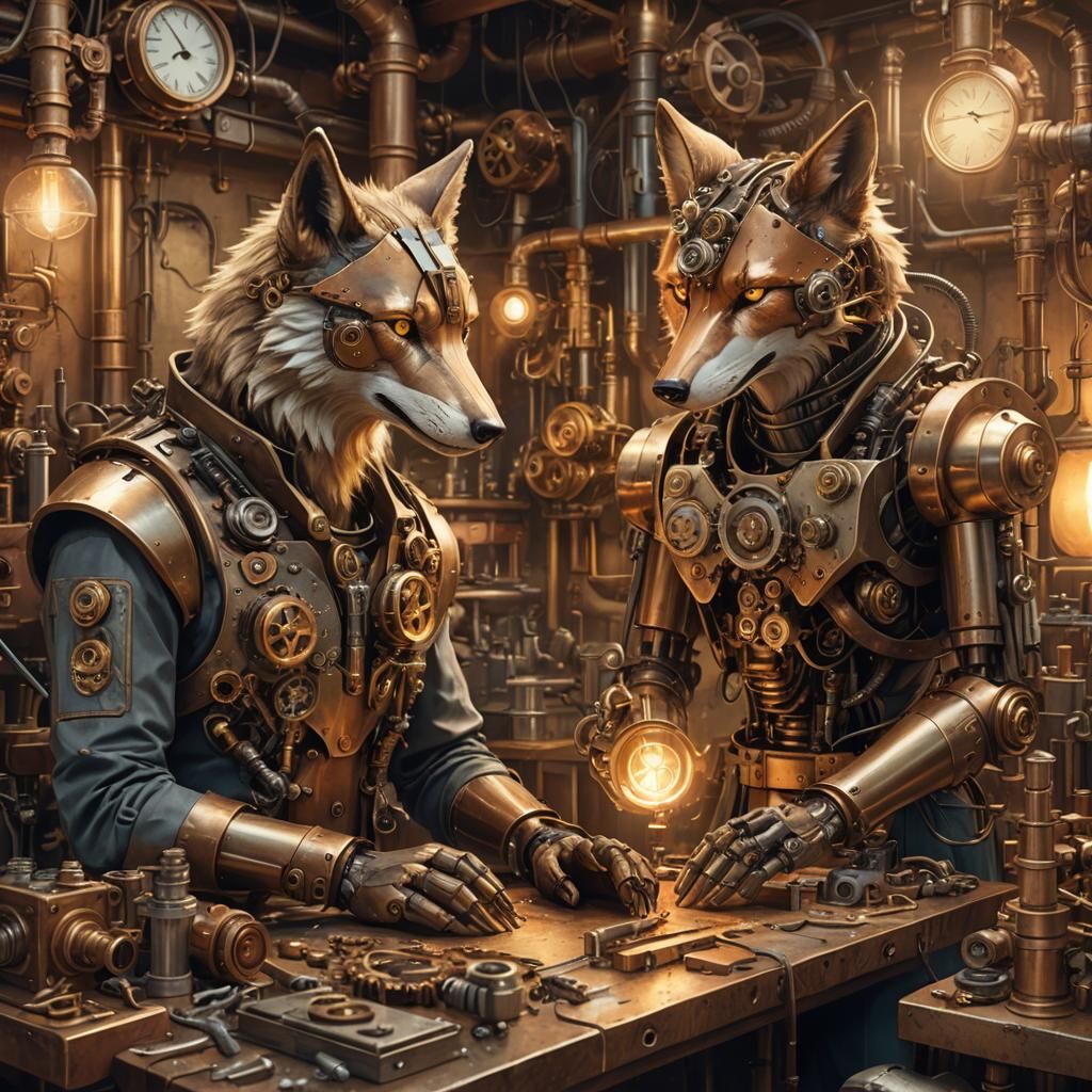 Steampunk Robotic Wolf and Fox Engineers