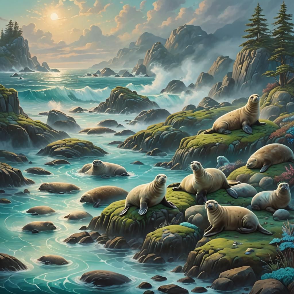 Seals Lounging in Rough Seas: Ethereal Fantasy Art