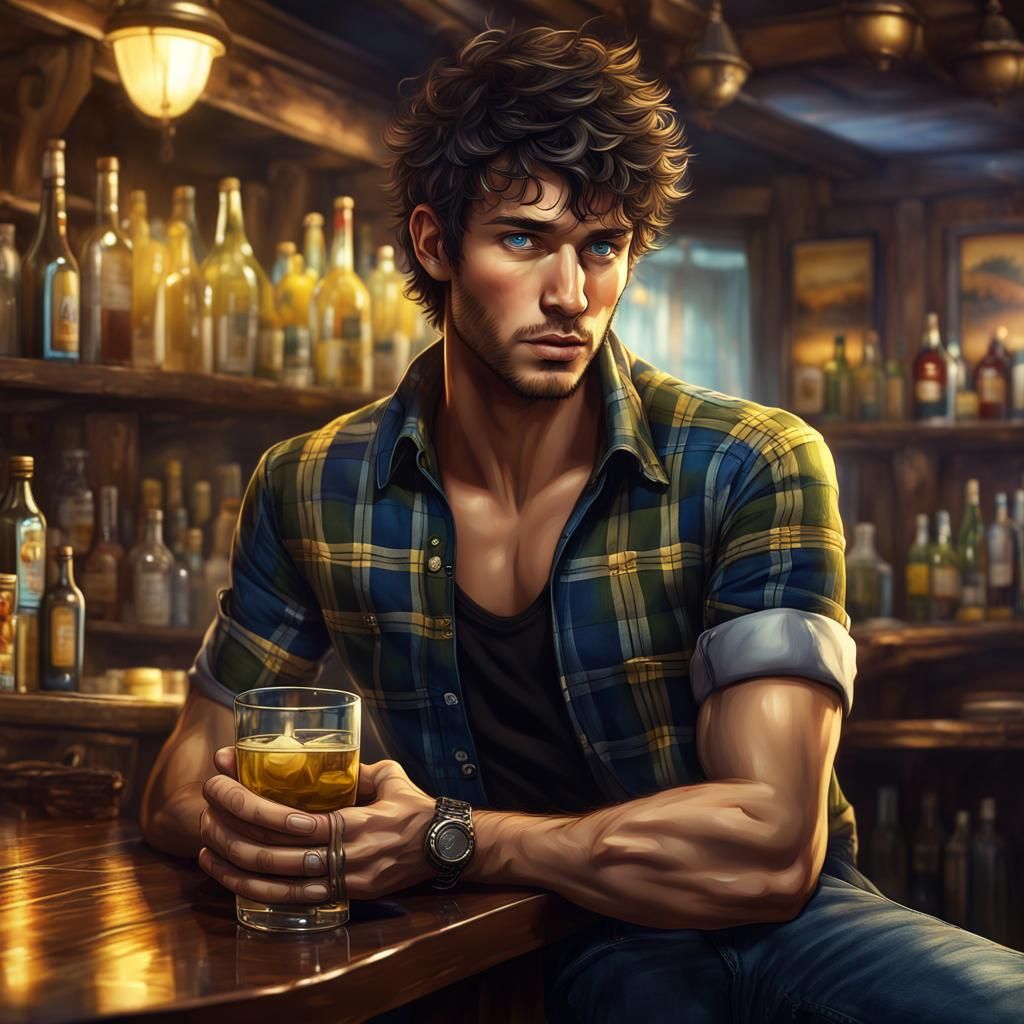 Man with Shaggy Hair in Bar, Detailed Digital Art
