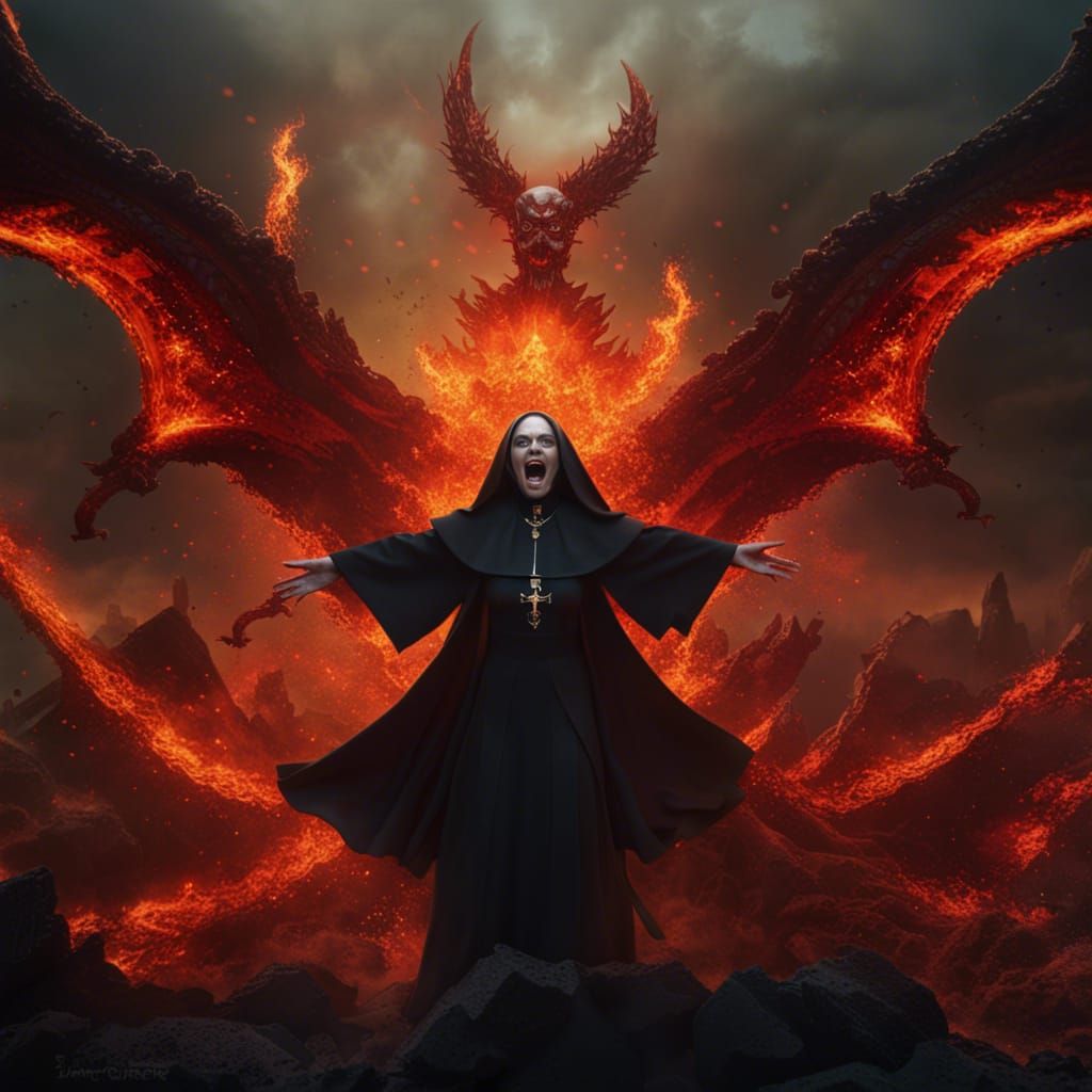 Demon Nun Floating Above Sea of Fire