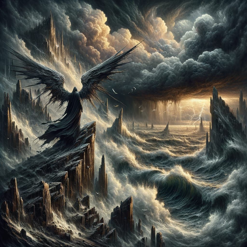 Fallen Angel on Cliff Overlooking Stormy Ocean