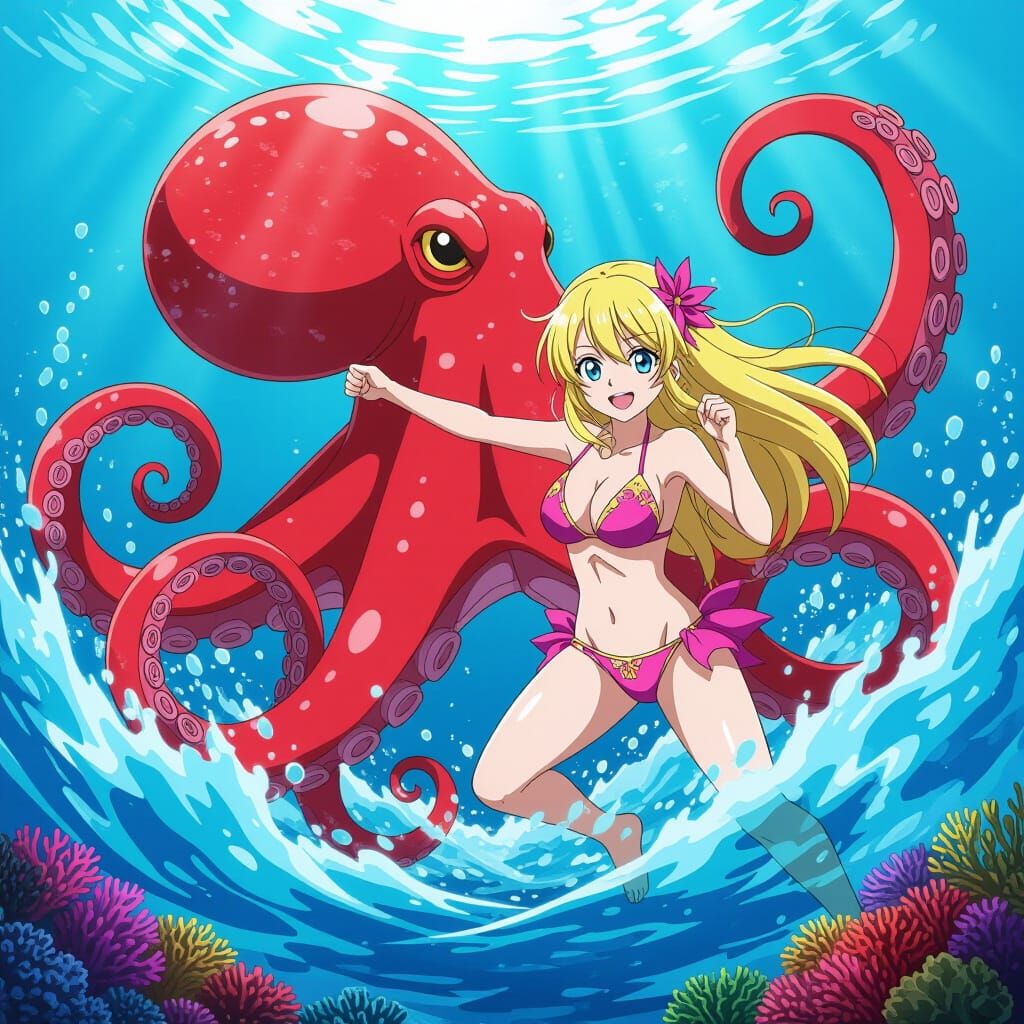 Anime Woman Wrestles Octopus in Radiant Ocean
