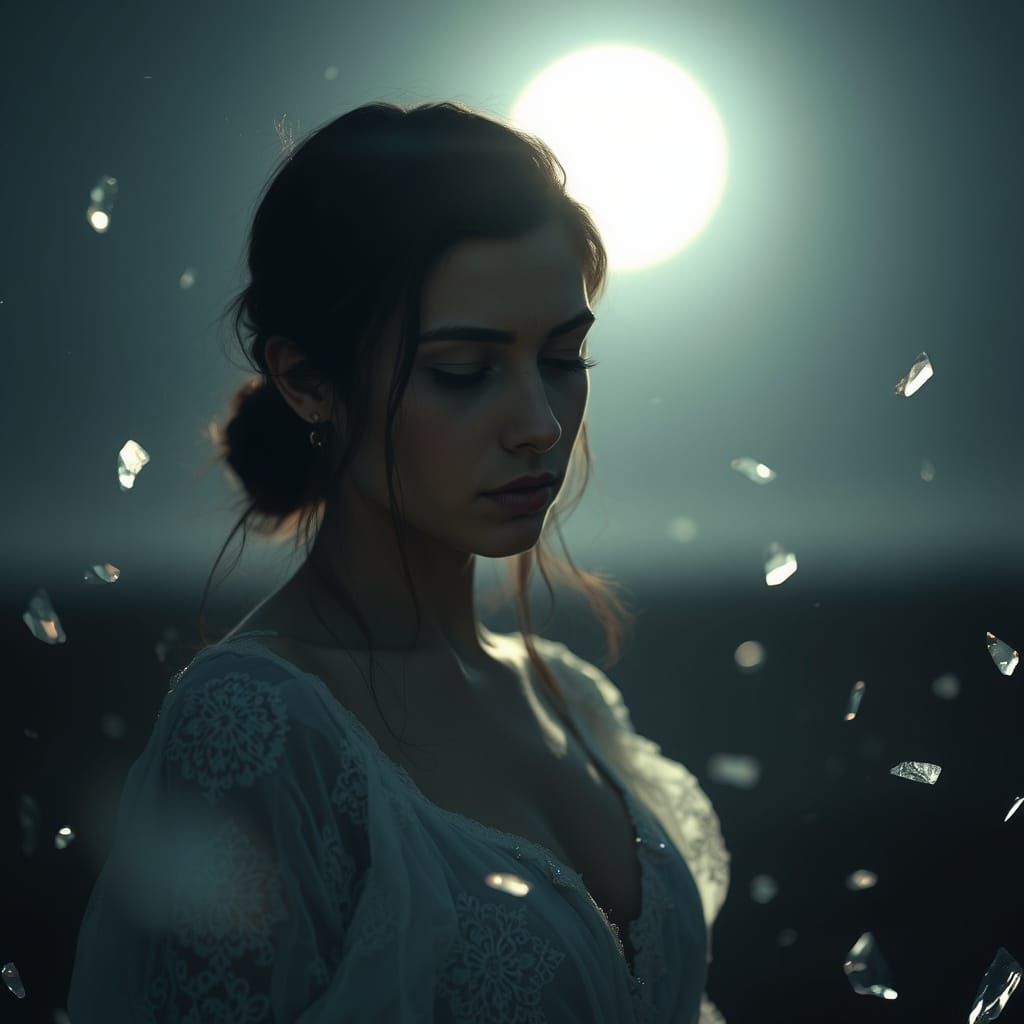 A Woman's Introspective Moment in Moonlit Glass