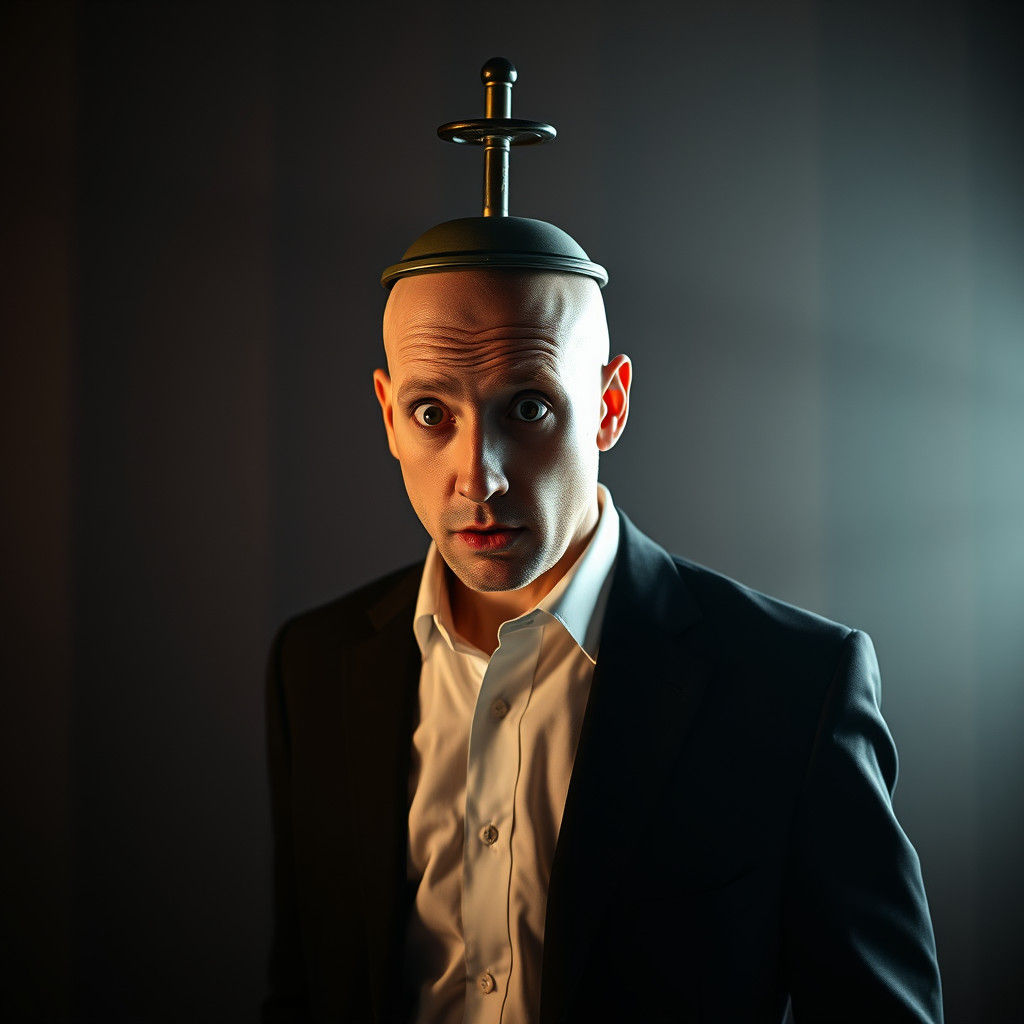 Surreal Portrait: Man with Plunger in Cinematic Lighting