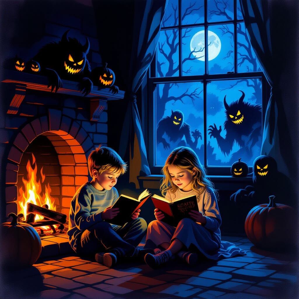 Children Reading Scary Stories by Firelight