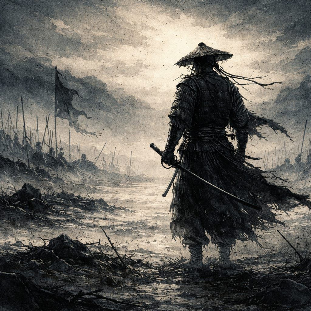 Samurai Warrior on Misty Battlefield at Dawn in Ink Wash Sty...
