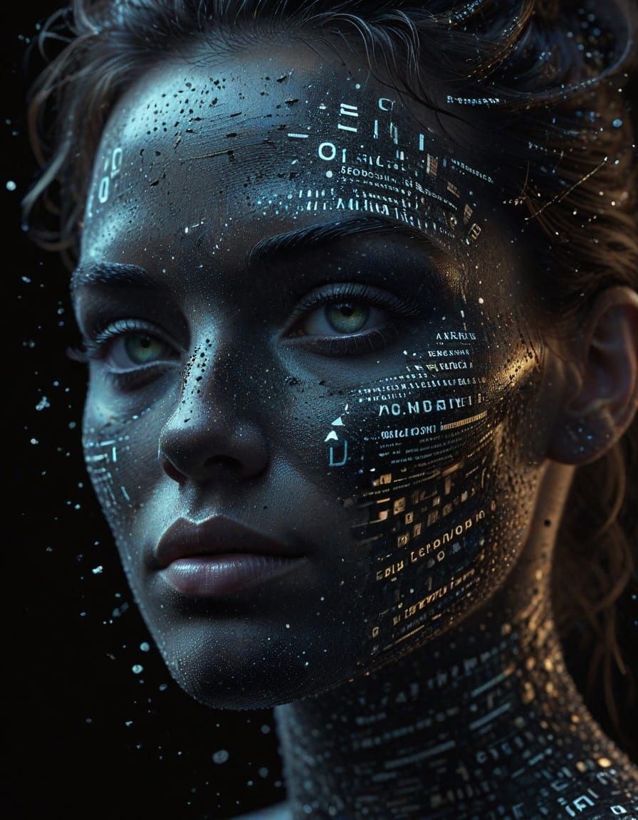 Face Made of Text and Cosmic Dust in Digital Art Style