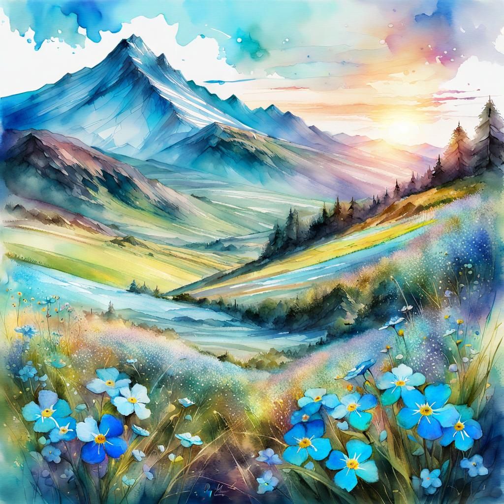 Forget-Me-Not Field: Spring Fantasy in Watercolor