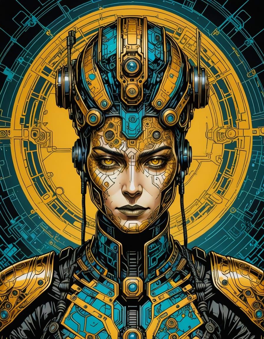 Cyborg Stealth Agent in Vibrant Memphis Style