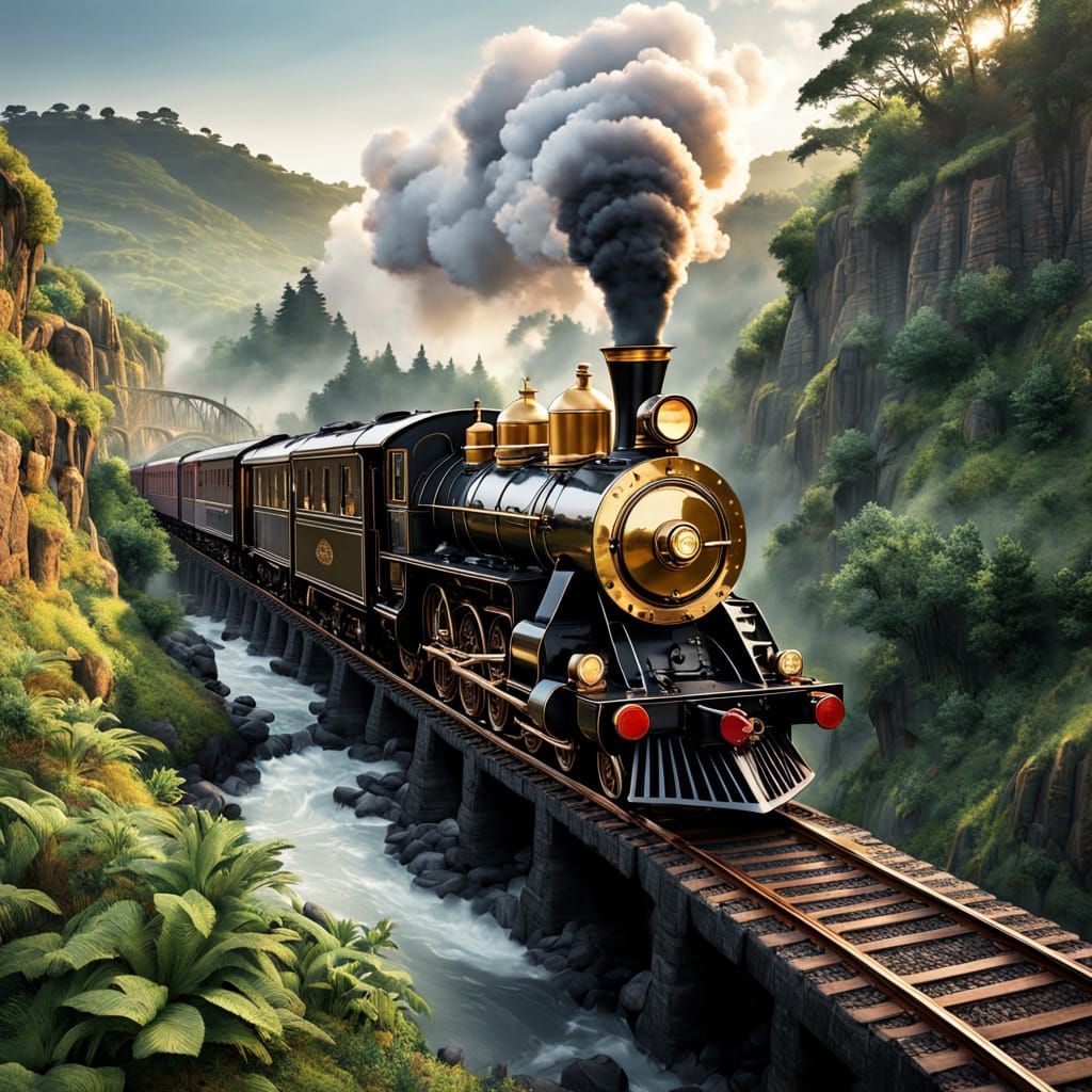 Majestic Steampunk Steam Train Chugs Across a Rugged Viaduct