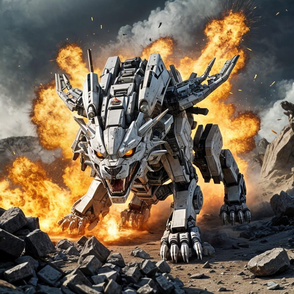 Robotic Sabertooth Cat Zoid in Warzone Explosion