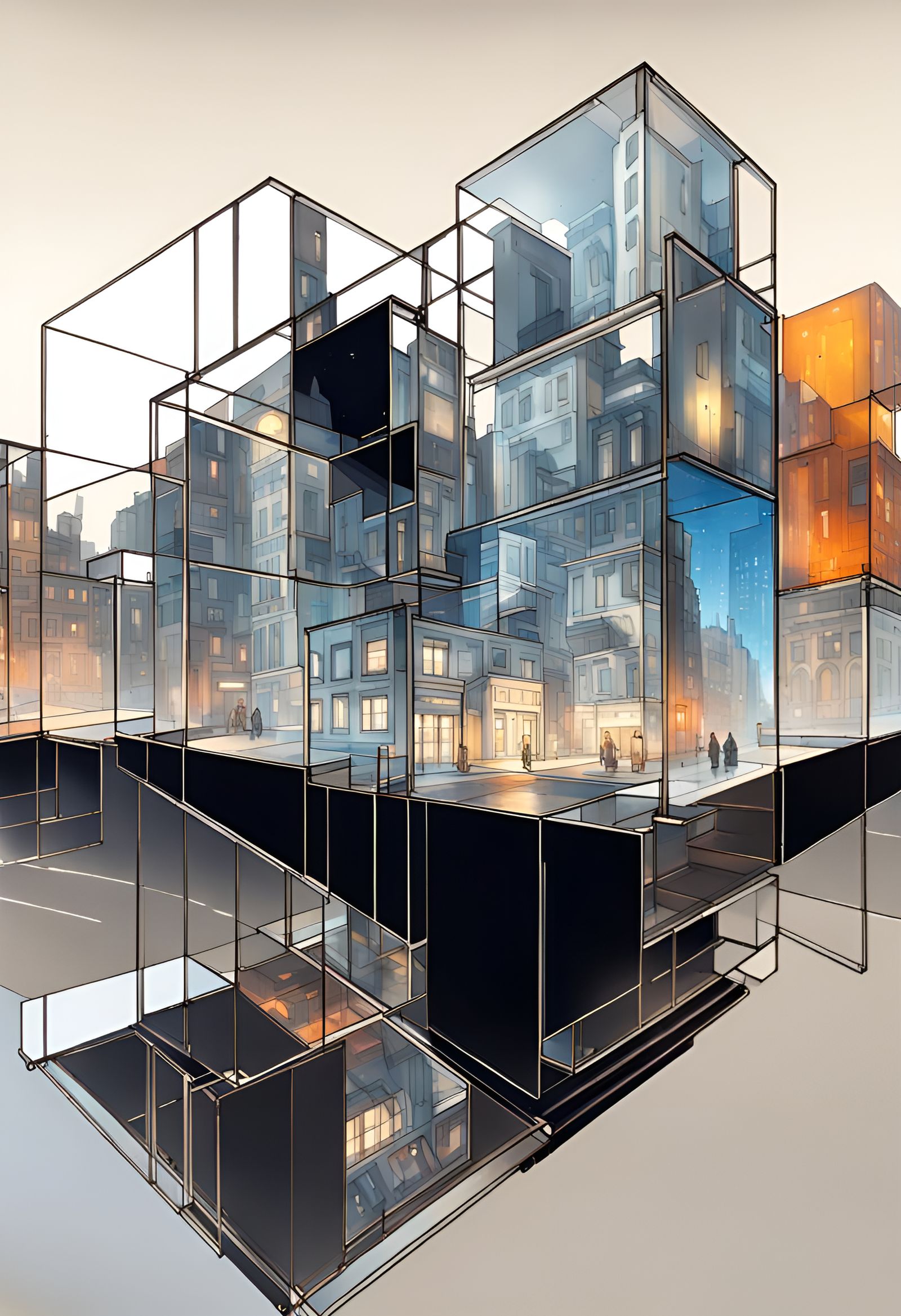 Futuristic Glass City in Mondrian Style