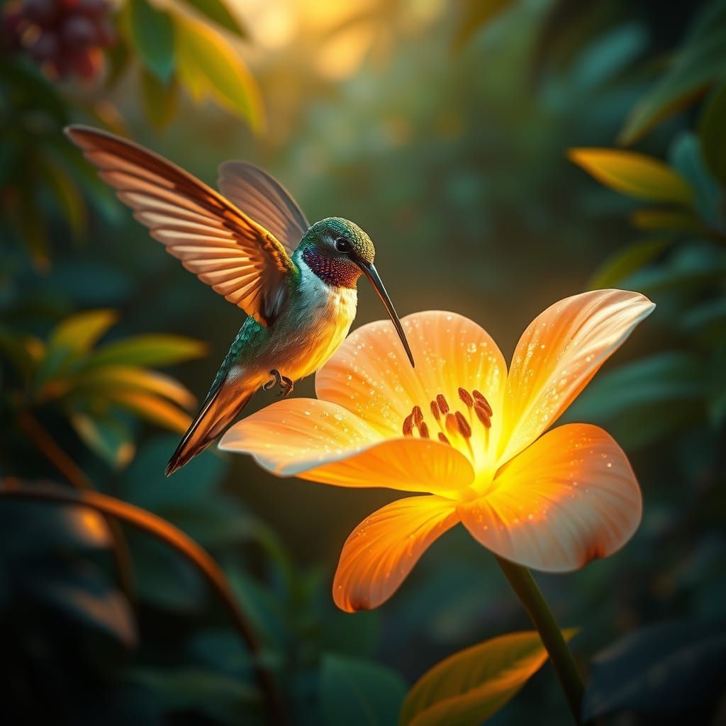 Hummingbird Flitting Around Bioluminescent Flower