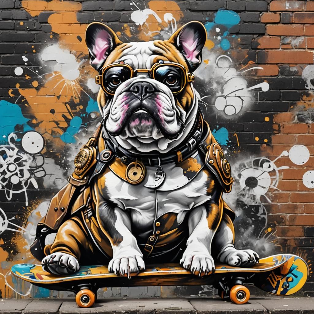 Steampunk Bulldog on Skateboard in Graffiti Art