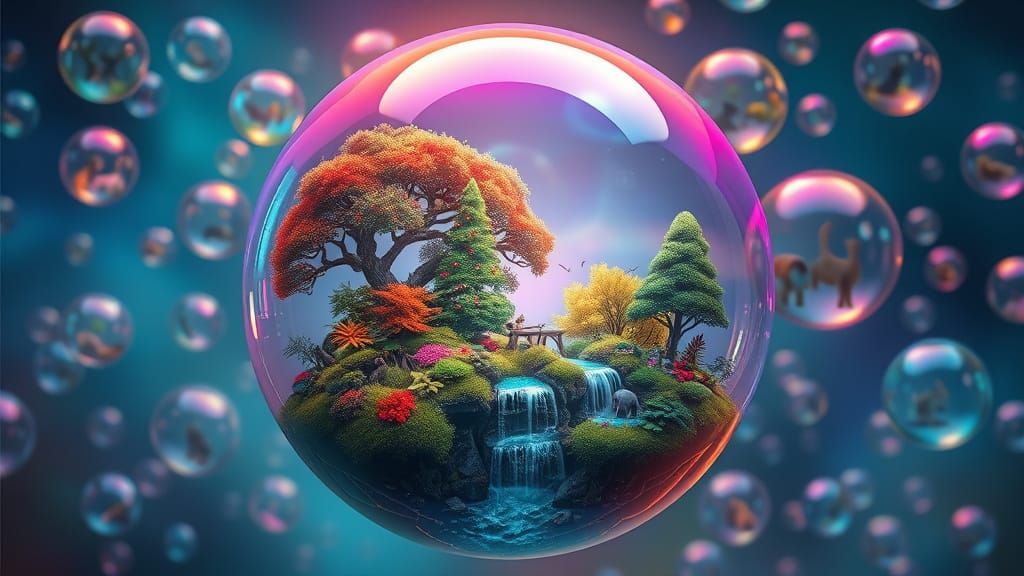 Luminous Iridescent Bubble Containing Miniature Forest