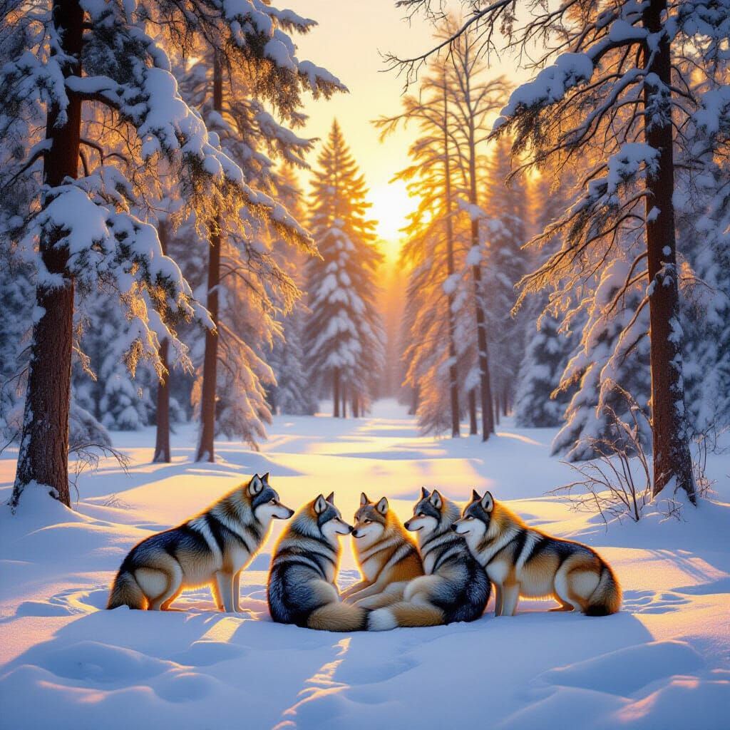 Serene Winter Forest With Colorful Wolves at Sunset